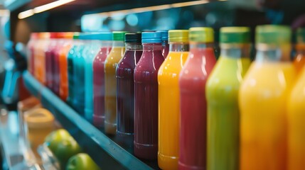Vibrant rows of colorful bottled juices on a shelf.  A refreshing display of healthy drinks, perfect for a summer beverage.