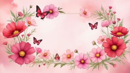 Floral frame made by pink and red cosmos flowers and butterflies, copy space