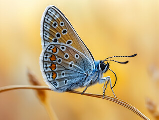 Obraz premium Small blue butterfly perched on a blade of grass against an orange background in a macro shot