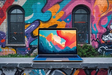 Vibrant Laptop Mockup Against Urban Graffiti Wall Showcasing Creative Culture and Technology