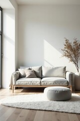Serene Living Room Design with Neutral Tones and Natural Light Featuring a Plush Sofa and Round Pouf on a Soft Shag Rug