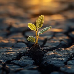 Tiny Sprout Breaking Through Crack in Dry Arid Earth at Sunset