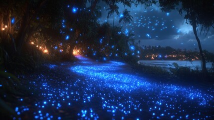 Bioluminescent path through tropical jungle at night