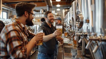 Friends enjoy craft beer tasting at a brewery.