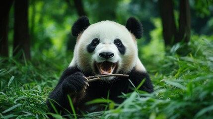 Fototapeta premium A captivating panda sits amidst lush greenery, playfully clutching a bamboo shoot with an open-mouthed expression