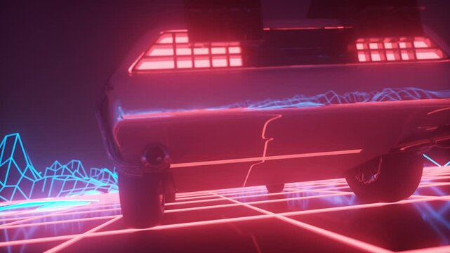 Retro Futuristic Neon Car on Glowing Grid Highway in Synthwave Style