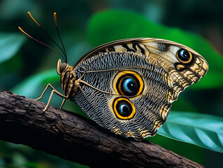Fototapeta premium Striking butterfly resting on a branch wings adorned with distinctive eye-like patterns against greenery