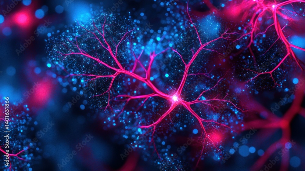 Poster neuron network with branching connections glow in pink and blue on dark background