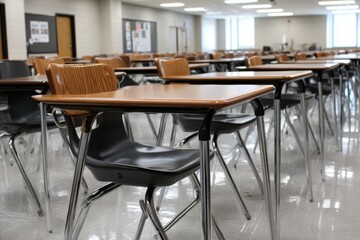 Classroom desks and chairs arranged in rows, ready for students in a bright and tidy classroom environment. Clean, organized, and orderly setup.