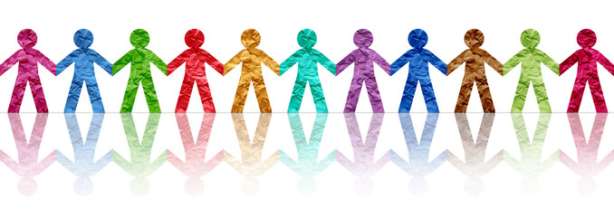 United Diverse People Holding Hands together as a business symbol of strong team collaboration and cultural teamwork working as a strong connected group as paper symbols.