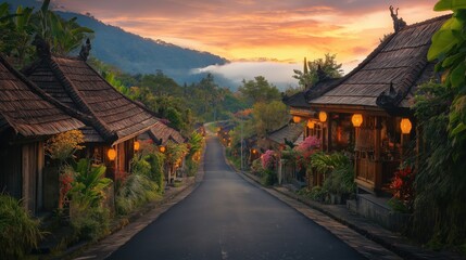 Picturesque village street at sunrise.  Tranquil, vibrant sunrise paints a picturesque village scene. 
