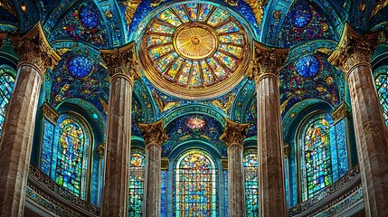Obraz premium Grand stained glass dome above gold Corinthian pillars high resolution photo