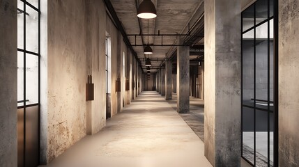 Modern industrial corridor with large windows and exposed concrete walls, creating an open and spacious atmosphere lit by warm hanging lights