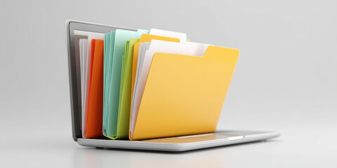 3D file folders coming out of a laptop screen. Creative concept Digital files in cloud storage or internal memory, efficient information retrieval. 