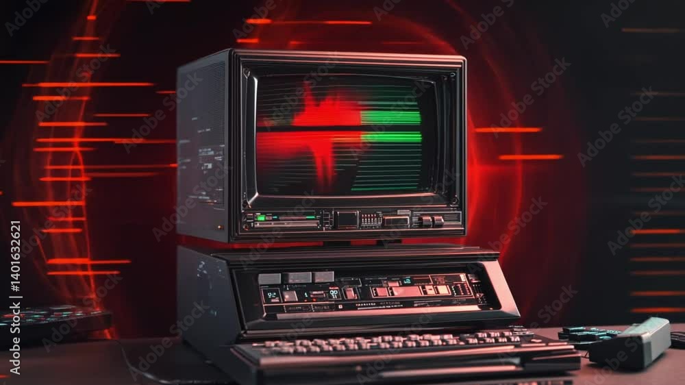 Poster retro 80s computer system with red and green screen display