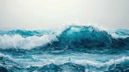 Ocean wave crests, turquoise and white foam, under gray sky. Bold brush strokes