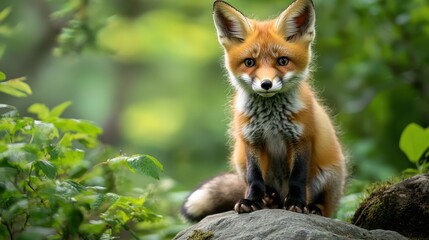 Fototapeta premium A captivating young fox with bright eyes sits perched on a rock amidst lush green foliage. A beautiful wildlife portrait