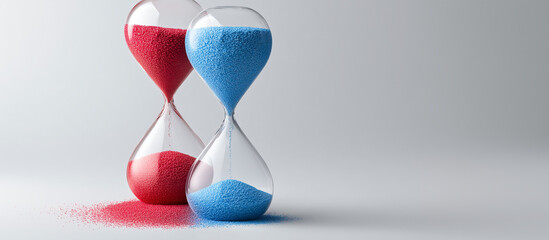 Hourglass with red and blue sand grains falling from opposite chambers without touching, floating on a clean matte surface with tension-filled lighting, Trade War