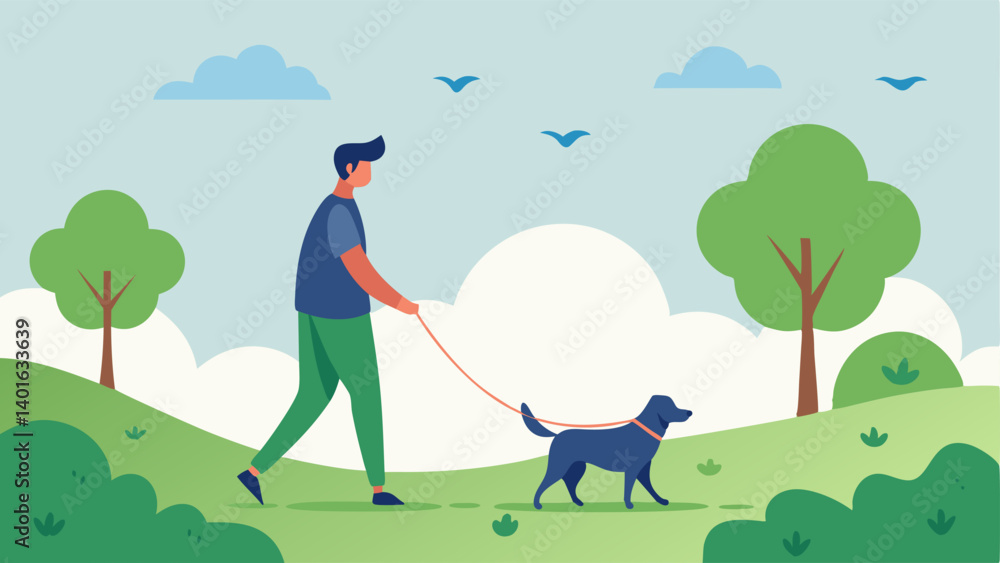 Poster park excursion in a serene park setting a large dog with a fluffy tail pulls its owner along the gra