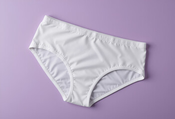 beautiful female panties on a white background,white cotton underwear. Top view photo of white cotton classic panties on isolated pastel violet background,white cotton underwear. 