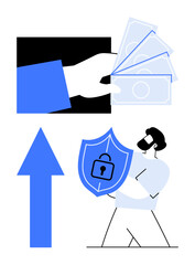 Cash in hand, man holding shield with lock, and upward arrow symbolizing financial security, online payments, data protection, investment, trust building, growth strategies. Ideal for fintech