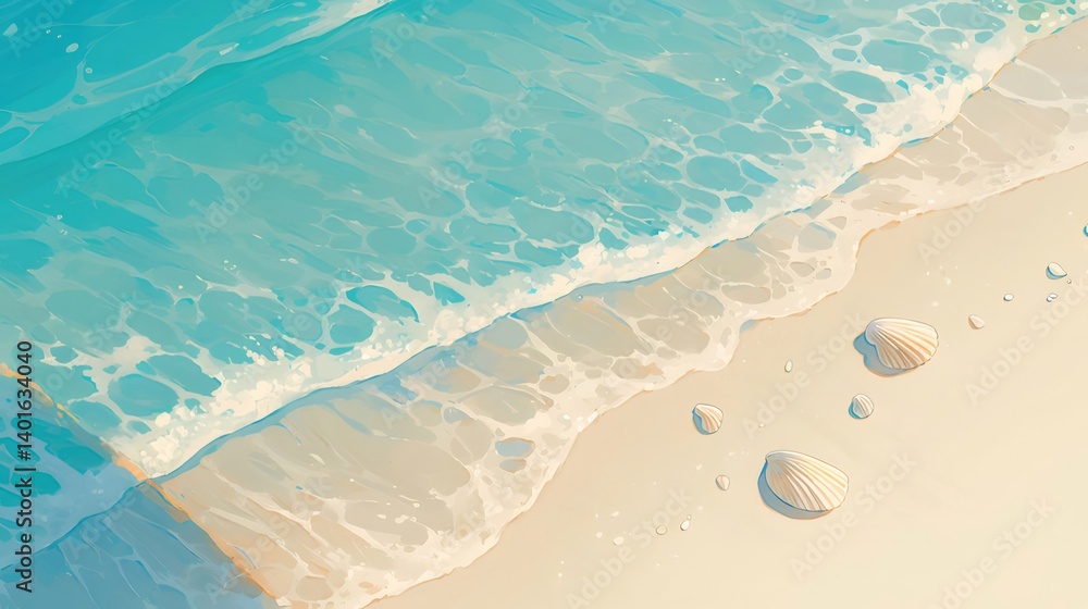 Poster 水色と白の波が砂浜に打ち寄せる夏の風景 美しい貝殻と柔らかな日差し