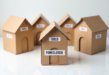 Cardboard Houses with "Sold" and "Foreclosed" Signs Representing Housing Market Dynamics