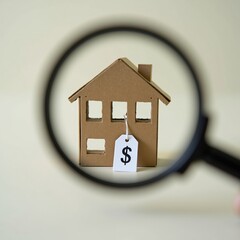 Cardboard House with Price Tag Under Magnifying Glass Highlighting Real Estate Costs