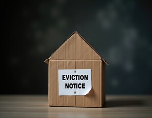 Cardboard House Model with Eviction Sign on Front, Symbolizing Housing Crisis