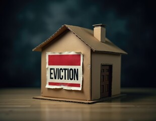 Cardboard House Model with Eviction Sign on Front, Symbolizing Housing Crisis