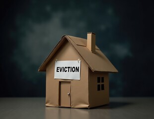 Cardboard House Model with Eviction Sign on Front, Symbolizing Housing Crisis