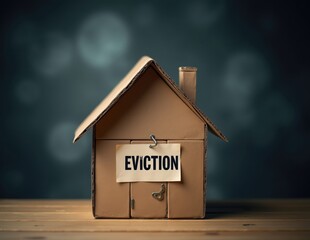 Cardboard House Model with Eviction Sign on Front, Symbolizing Housing Crisis