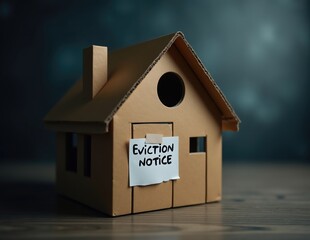 Cardboard House Model with Eviction Sign on Front, Symbolizing Housing Crisis
