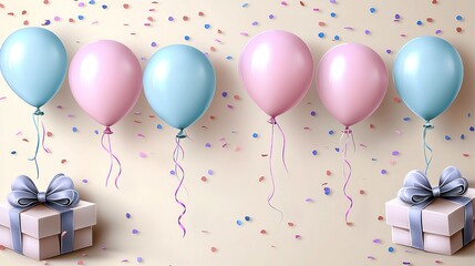 Pastel party Balloons, gifts, and confetti adorn a light beige background