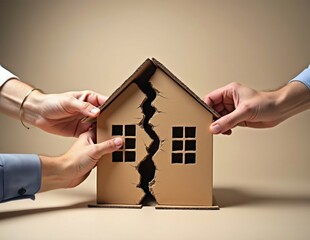 Torn Cardboard House Held by Multiple Hands Representing Housing Conflict Divorce or Property Disputes