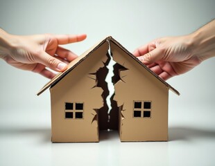 Torn Cardboard House Held by Multiple Hands Representing Housing Conflict Divorce or Property Disputes