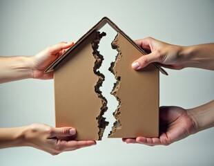 Torn Cardboard House Held by Multiple Hands Representing Housing Conflict Divorce or Property Disputes