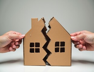 Torn Cardboard House Held by Multiple Hands Representing Housing Conflict Divorce or Property Disputes
