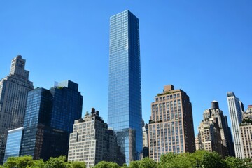 Fototapeta premium A striking and magnificent skyscraper towers impressively amidst the bustling city skyline, showcasing impressive modern architecture against a radiant and clear blue sky, symbolizing urban progress