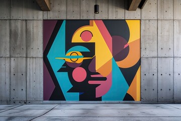 Bold Graphic Mural Design on a Textured Concrete Wall