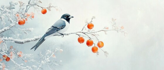 A gray and black bird perched on a snow-dusted branch with frosted fruit.