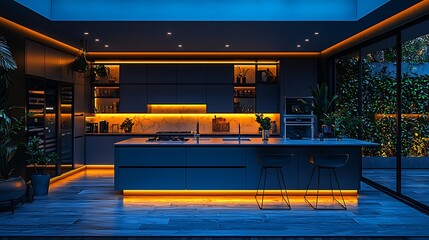 Modern kitchen illuminated with warm ambient lights high resolution image