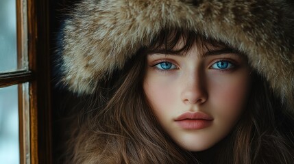 Striking portrait of a woman with piercing blue eyes and a warm, fur hat, framed by a window. Moody and captivating