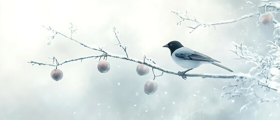 A serene winter scene of a bird perched on a snow-laden branch.