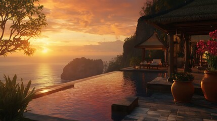 Serene infinity pool overlooking a tranquil ocean sunset with vibrant colors, featuring tropical plants and elegant outdoor seating