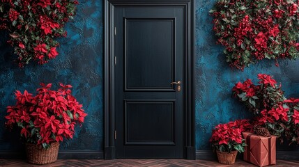 Christmas Interior: Festive Poinsettia Decor Near a Dark Door