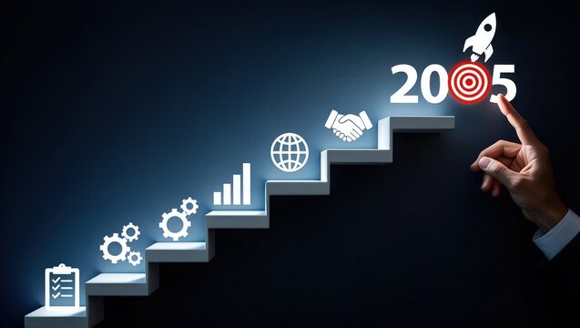 2025 New Year Business Goals Concept. Businessmen point to "2025" on a staircase, steps toward achieving business goals, growth, and success in the new year. Planning and challenge, investors target, 