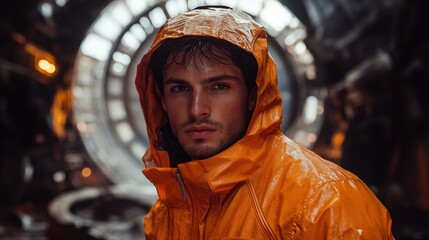 A striking portrait of a man in a vibrant orange hooded jacket, set against a blurred, circular architectural backdrop. Moody and intense gaze