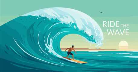 Man Surfing a Powerful Ocean Wave at Dusk with the Sun Setting