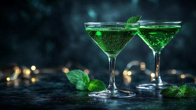 Elegant green absinthe cocktails in martini glasses with mint leaves. Sparkling drink on moody dark background with copy space. National Absinthe Day celebration with festive ambiance